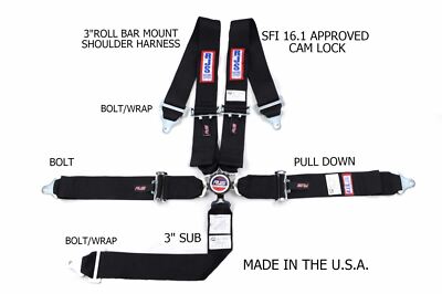 RJS SFI 16.1 CAM LOCK 5 PT HARNESS ROLL BAR MOUNT BOLT IN BLACK & ALL BLACK HW