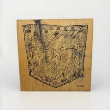 DENIM POCKET Jeans Pants Comotion Wood Mounted Rubber Stamp 4.5”x4.5”