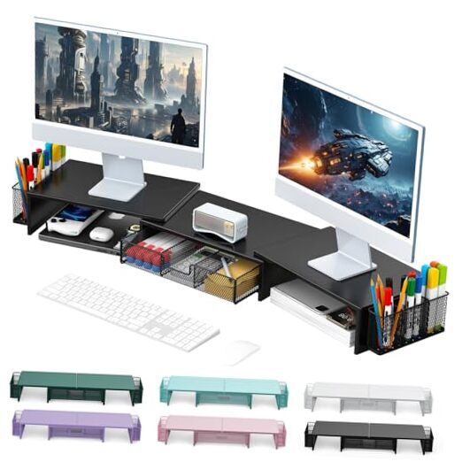 Dual Monitor Stand Riser with Drawer, Desk Organizer, and Pen Holders in Black-image