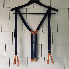 30s 40s Vintage Blue Elastic Mens Suspenders with Leather Details 42" Max AS IS