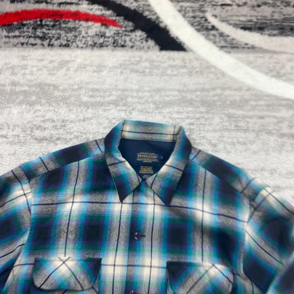 VTG Pendleton Board Shirt Medium Blue Virgin Wool Shadow Plaid 70s Loop Collar - Image 3 of 4