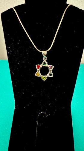 Star of David Pendant And Necklace Sterling Silver 925 w/Multi-Color Stones