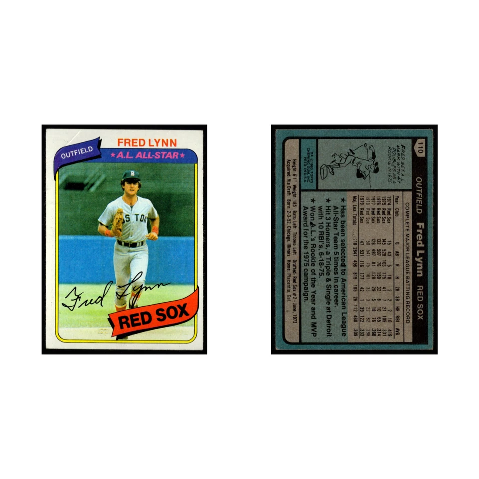 Lote de 8 tarjetas de béisbol Fred Lynn 1980 Topps Boston Red Sox conjunto colección MLB EN MUY BUENA CONDICIÓN Foto 3 de 4