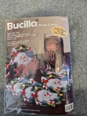 Bucilla Plastic Canvas ''Holly Jolly Santa Coasters'' set 6 plus holder NIP 1998
