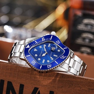 Mens Wrist Watch Melted Surrealistic Style Dali Time Date Quartz Metal Band Blue