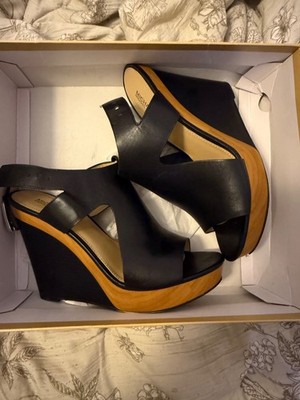 Michael Kors Josephine Wedge Denim Womens Shoes Size 7 Black Brown Woven
