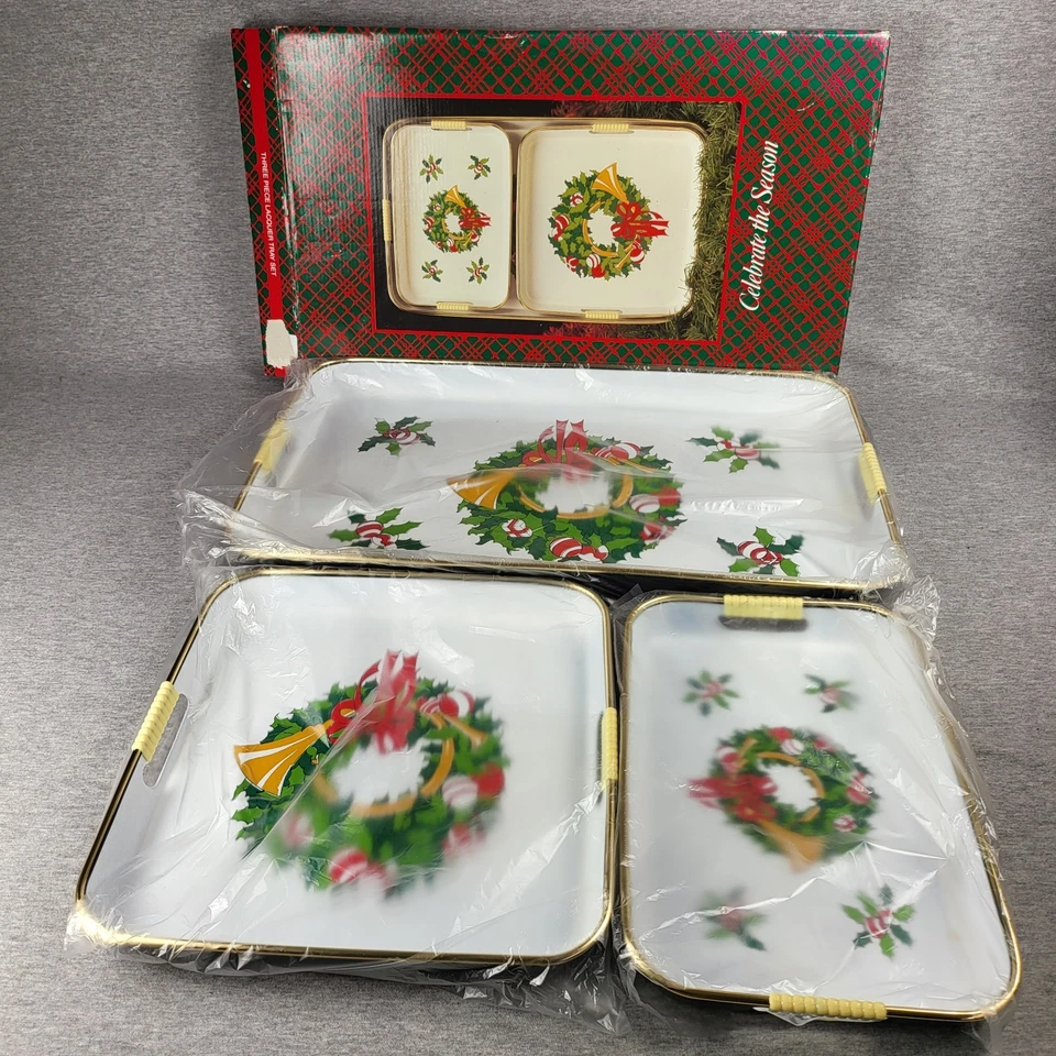 Vintage Christmas Wreath Metal Serving Tray Set Holiday Hostess Gift Made Japan - Image 2 of 4