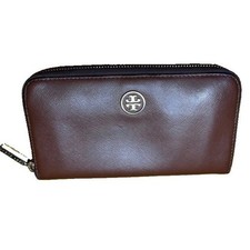 Tory Burch Robinson Brown Saffiano Leather Zip Around Continental Wallet Women's
