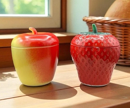 Vtg Hazel Atlas Strawberry Apple Jelly Jars Red Yellow Kitchen Decor Milk Glass