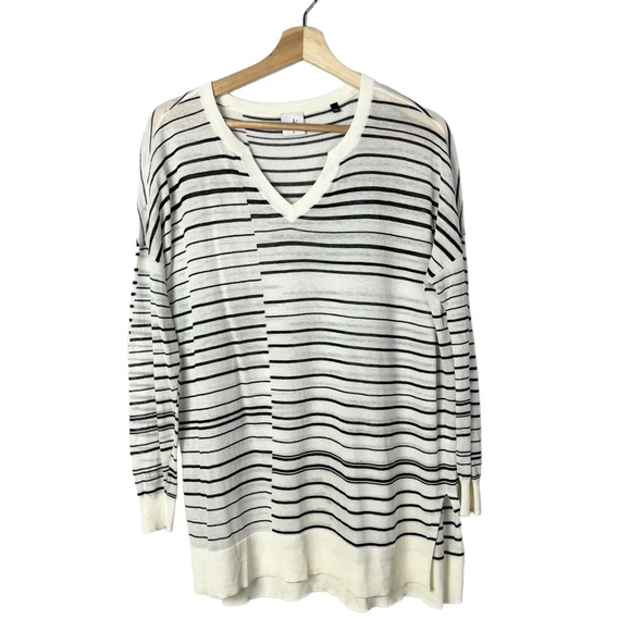 Cabi Captain White & Black Asymmetrical Stripe Knit Sweater