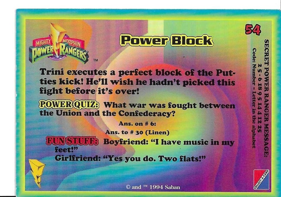 1994 Collect-A-Card Mighty Morphin' Power Rangers POWER BLOCK #54 | eBay