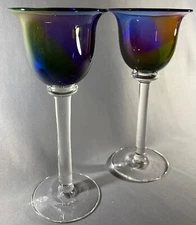 Pair Transjo WRC Sweden Swedish Rainbow Handblown Goblet Wine Art Glass REDUCED!