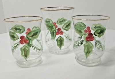 3 Vintage Christmas Red Green Holly Hurricane Glass Candle Holders Handpainted