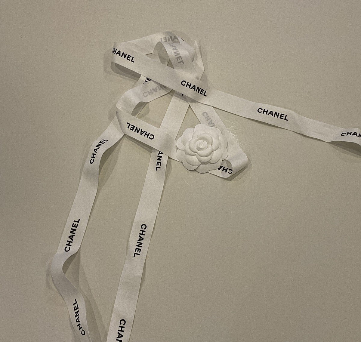 CHANEL White Logo Ribbon Tape with Black Print Chanel Ribbon & Camellia White/Black Chanel Lettering 80”x 7  main image 2