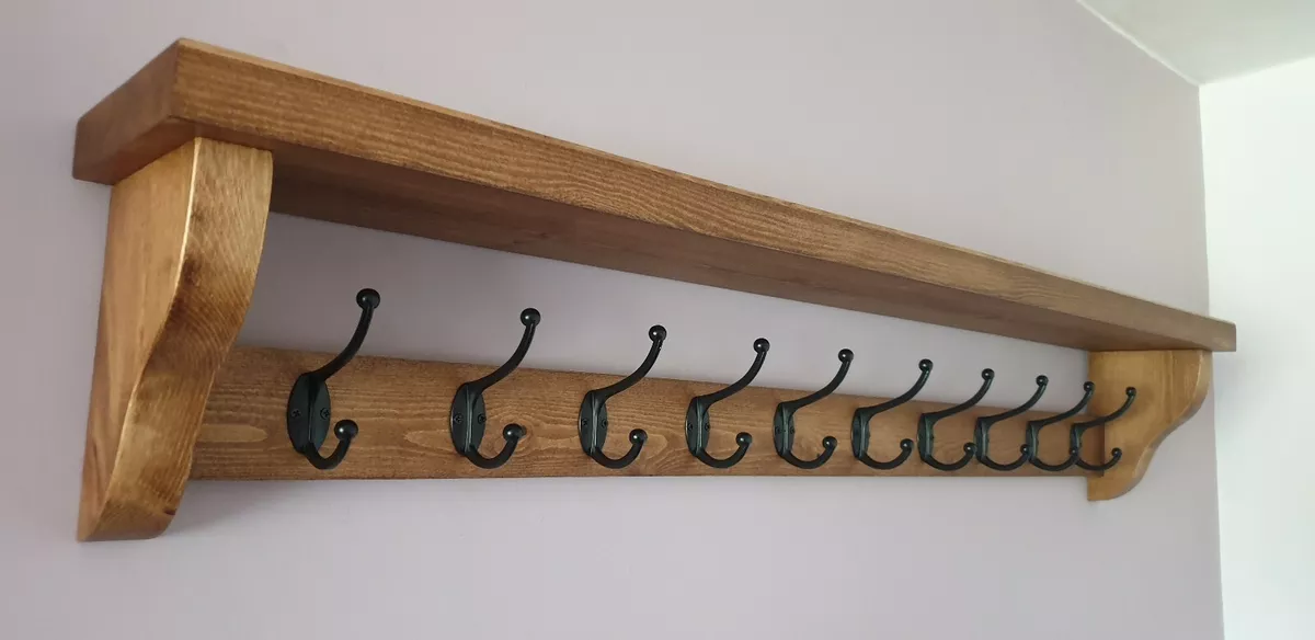 Coat Rack+Shelf Floating Rustic Handmade Wall Mounted 10 Black Double Hooks