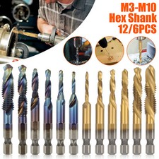 12/6Pcs HSS 1/4inch Hex Shank Screw Thread Tap Drill Bit Combination Set M3-M10