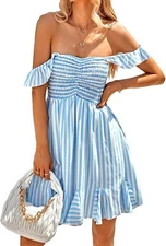 Women's Summer Smocked Dresses Sleeveless Stripes Flared Babydoll Mini Dress