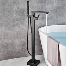 Matte Black Bathtub Faucet Floor Mount Freestanding Tub Filler With Hand Shower
