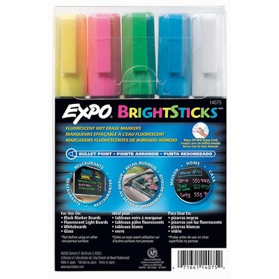 Bright Sticks Wet Erase Fluorescent Markers, Bullet Tip, Assorted Colors, 5