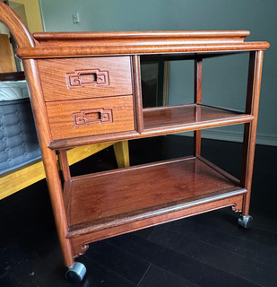 Asian Style Rosewood Rolling Cart Tray Table with Removable Serving Tray (#130)