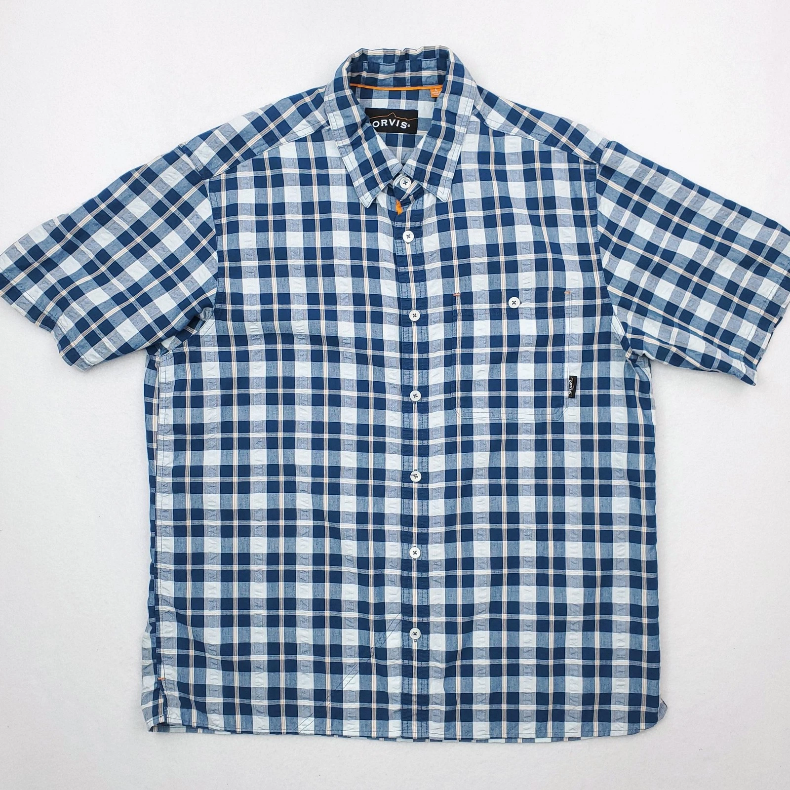 Orvis Shirt Mens Large Blue White Plaid Linen Blend Hiking Fishing Short Sleeve