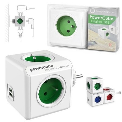 Verteiler mit 4 Steckdosen + 2x USB   Allocacoc PowerCube USB, grün