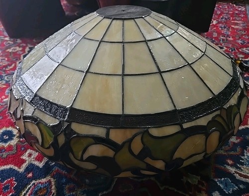 Buntglas Lampenschirm Tiffany-Stil, 10" Höhe, 22" Breite Vintage grün gold lila  - Bild 13 von 23