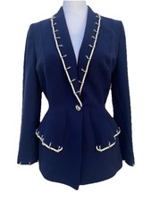 Thierry Mugler Vintage 80s Navy Blue Wool Blazer Metal Fastened Rope France 40