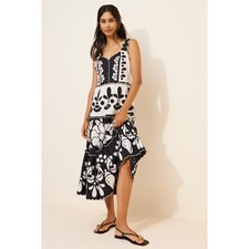 Farm Rio Midi Dress Tiered V-Neck Floral Print Black White Size Large