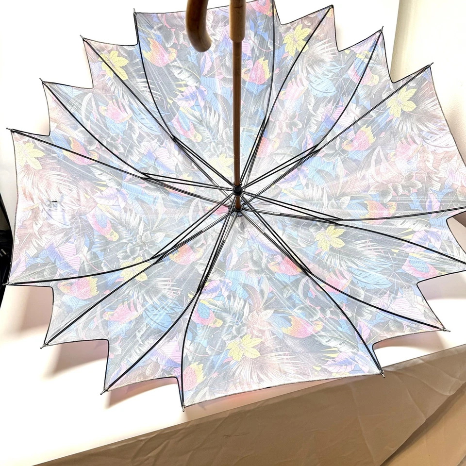 Vintage Tropical Parrot Print Umbrella – Wood Crook Handle – Colorful Art Canopy - Image 3 of 4