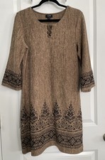Tacera Womens M Shift Dress Velvet Flocked Boho Ring Neckline 3/4 Sleeve Brown