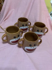 Set Of 4 Gallery Sock Monkey Double Sided Double Handled Cocoa Mugs