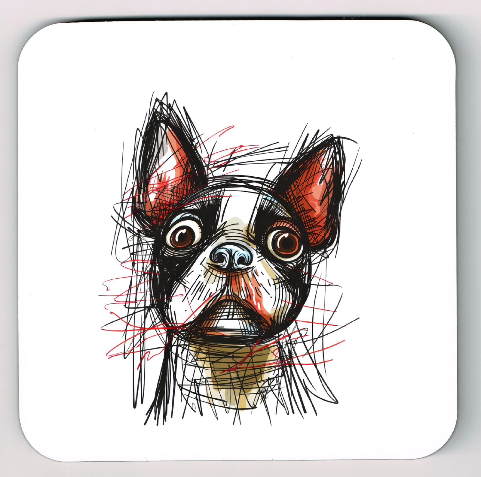 Boston Terrier Coaster, Doodle Cartoon Caricature Boston Terrier Coaster