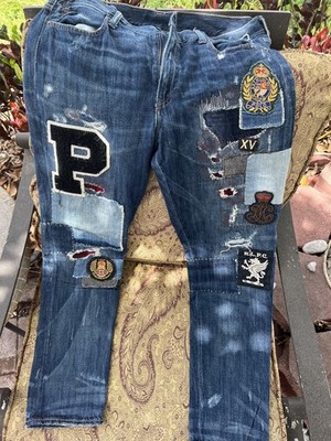 Polo Ralph Lauren Dungarees Patchwork Blue Distressed Denim Pants