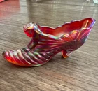 Fenton Cat Head Hand Painted - Artist Signed Ruby Red Iridescent Glass Shoe