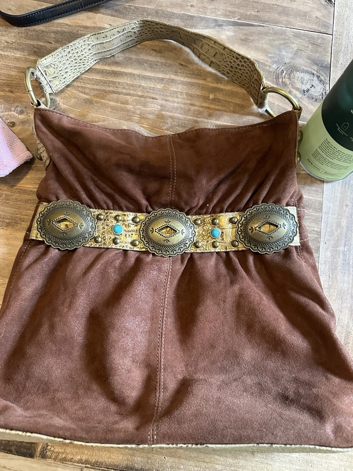 KATHY VAN ZEELAND Vegano Imitación Gamuza y Cuero Marrón y Dorado Concha Turquesa Borde Foto 3 de 4