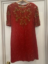 VTG Mark & John by Sam Sequin Beaded Dress 100% Silk Red Keyhole Back Size XL