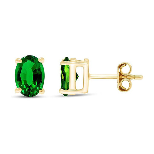 Solitaire Stud Earrings in 925 Sterling Silver with Oval Cut Simulated Green Emerald