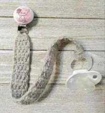 handmade crochet baby pacifier holder clip kitty strap dummy gray 1pc