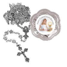 First Holy Communion Silver Flower Rosary Beads in Plastic Pot