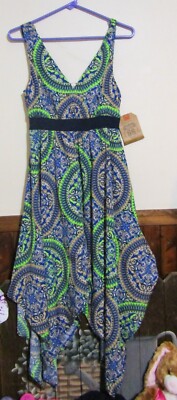 ROUTE 66 WOMENS SIZE XS BLUE/GREEN GEOMETRIC SUMMER MAXI SCARF DRESS NWT