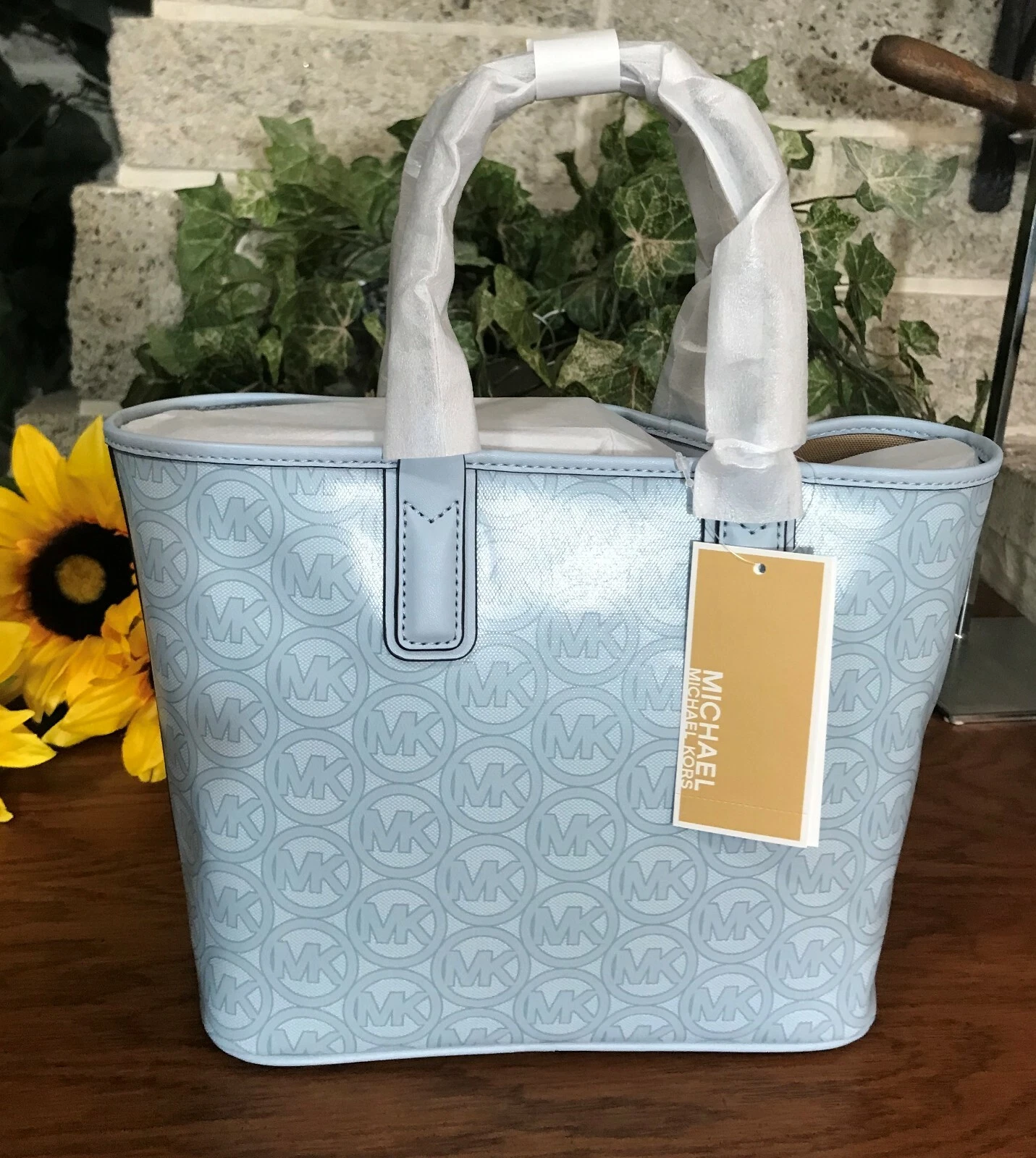 BORSA BORSETTA NUOVA CON ETICHETTE MICHAEL KORS SMALL JODIE LOGO JACQUARD TOTE OCEANO PALLIDO BORSETTA BORSETTA