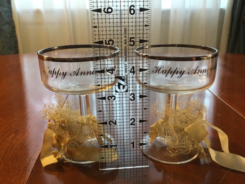 Vintage HAPPY ANNIVERSARY Champagne Toasting Glasses Silver Rim - Picture 6 of 9