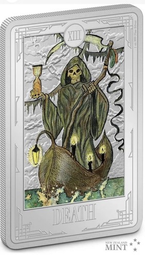 2023 Carte dei Tarocchi Niue DEATH XIII 1 oz argento colorato barra monete prova 2000 realizzata - Foto 3 di 14