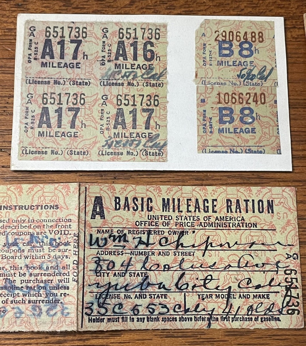 Vintage 1944 WWII Mileage Gasoline RATION RATIONING Card And