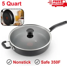 Large Deep Frying Pan With Glass Lid Non Stick Saute Fry Pan 2 Handle 5 QT