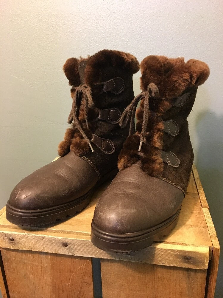 Vintage Ladies Pajar Brown Leather Fur Winter Snow Ankle Boots