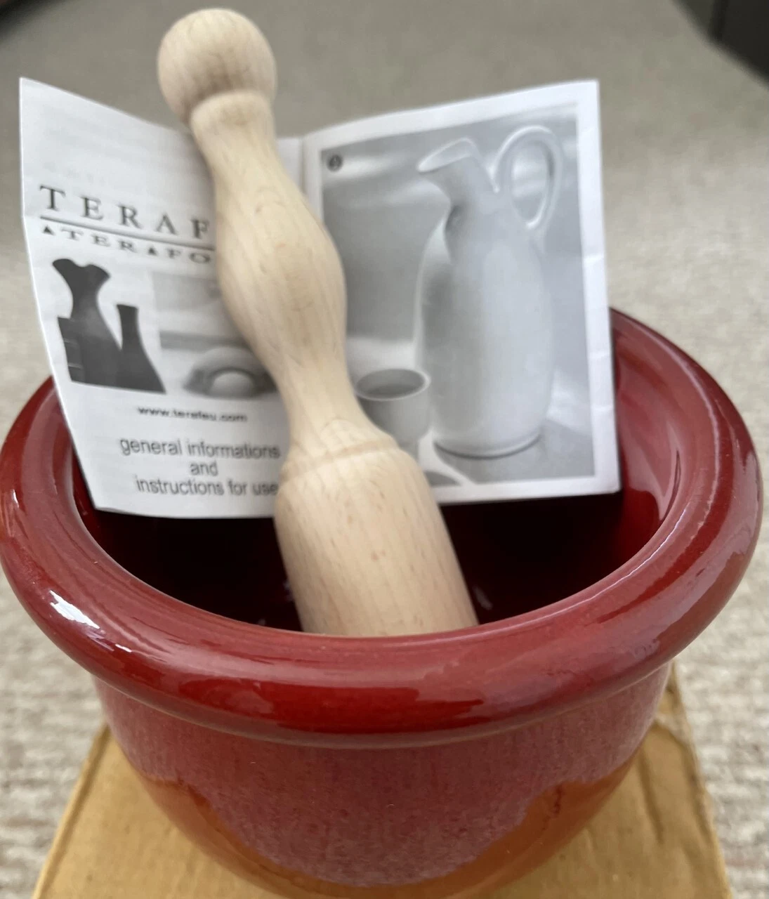Terafeu Hand Made Pottery Mortar and Wood Pestle, Red