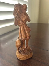Vintage Olive Wood Hand Carved  Shepherd Statue W/ Sheep & Lamb 8” HOLY LAND