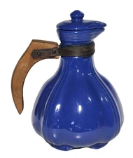 Vintage Blue Pitcher Pot With Lid Blue Padre 195 Wood Handle 8" Carafe Beautiful